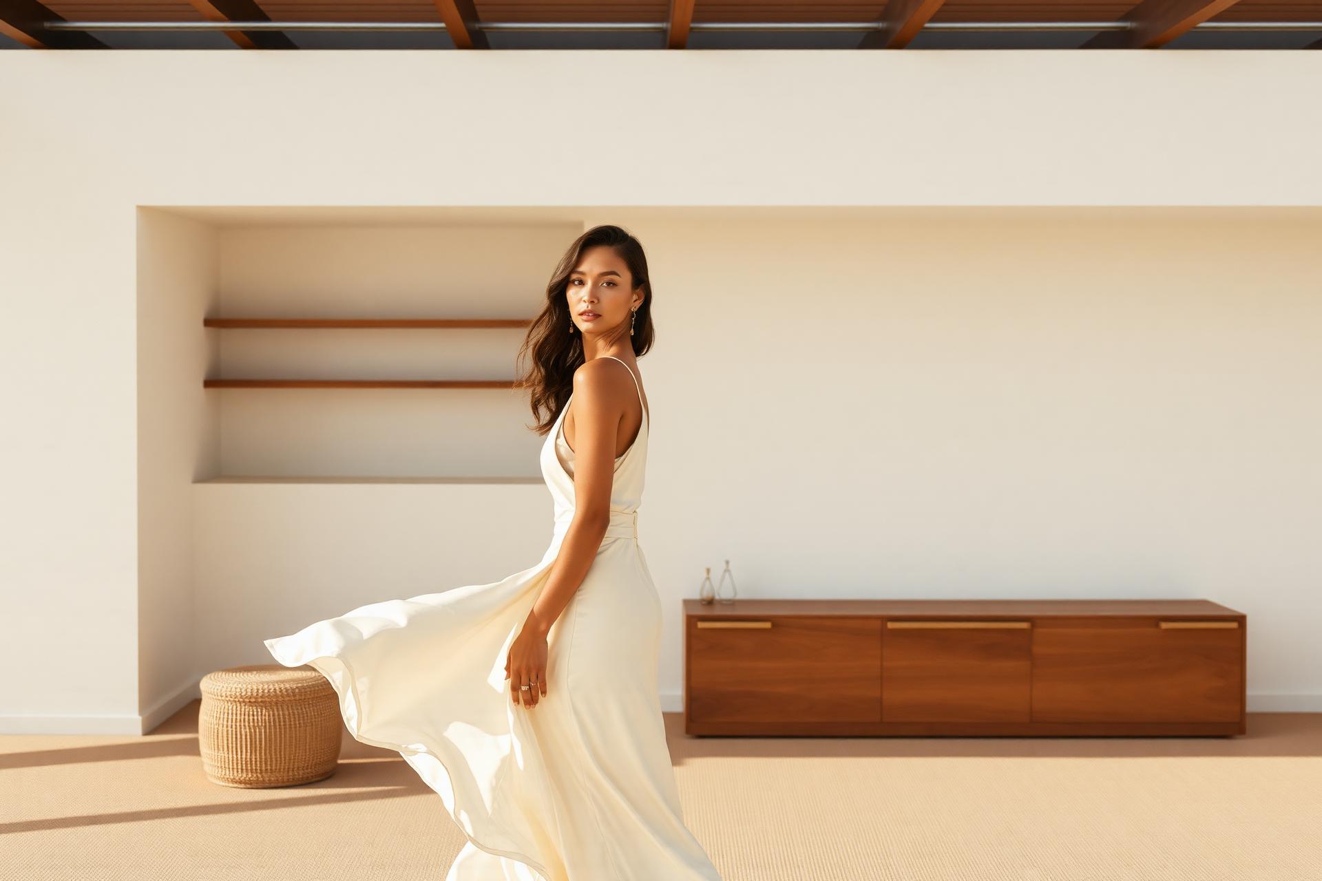 Woman wearing a cream silk dress in a minimalist interior